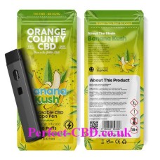 700 this shows the front and back of packaging and the actual device of the Banana Kush 700 Puff Disposable Vape Pen 600mg by Orange County