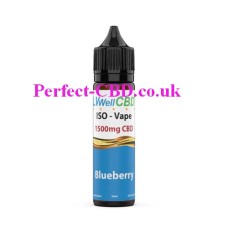The image is of a bottle, on a white canvas which has the LVWell CBD 50ML 1500MG E-Liquid Blueberry in it.