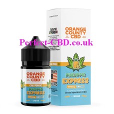 This shows the bottle and box containing the Orange County Cali  Range CBD 50ML E-Liquid  Pineapple Express