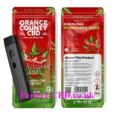 700 this shows the front and back of packaging and the actual device of the Strawberry Kush 700 Puff Disposable Vape Pen 600mg by Orange County
