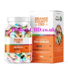 Big bottle and box containing the CBD Gummy Worms Large Tub by Orange County