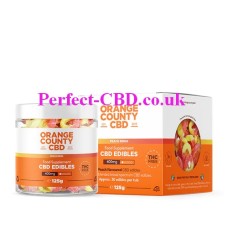Small Jar and box containing the CBD Gummy Peach Rings  Small Tub by Orange County