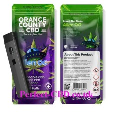 700 this shows the front and back of packaging and the actual device of the Alien OG 700 Puff Disposable Vape Pen 600mg by Orange County