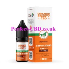 This image shows a box and bottle containing the Orange County CBD 10ML 300MG E-Liquid Menthol