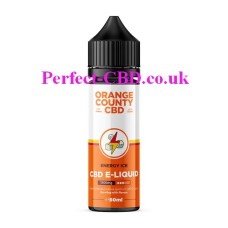 The 50ml  bottle, with an orange and white label which contains the Orange County CBD 50ML 1500MG E-Liquid Energy Ice