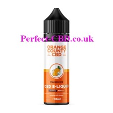The 50ml  bottle, with an orange and white label which contains the Orange County CBD 50ML 1500MG E-Liquid Mango Ice