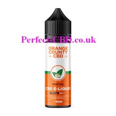 The 50ml  bottle, with an orange and white label which contains the Orange County CBD 50ML 1500MG E-Liquid Menthol
