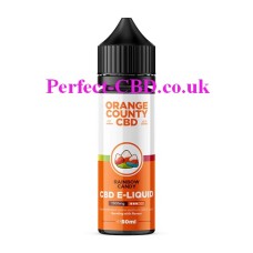 The 50ml  bottle has an orange and white label which contains the Orange County CBD 50ML 1500MG E-Liquid Rainbow Candy