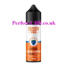 The 50ml  bottle has an orange and white label which contains the Orange County CBD 50ML 1500MG E-Liquid Sour Blue Raspberry